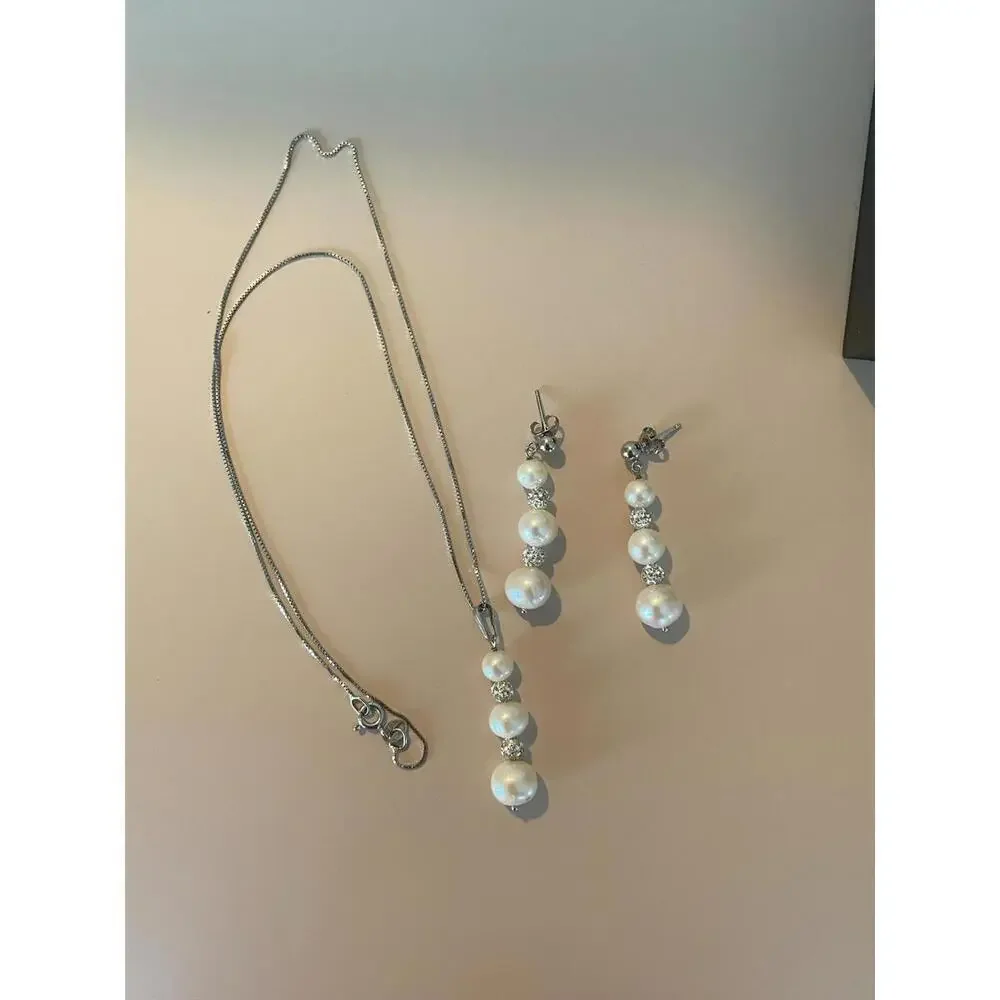 Macy’s Freshwater Pearl Sterling Silver 925 Necklace Set with Cubic Zirconia